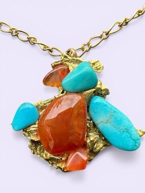 Necklace Vintage Brutalist Goldstone & Turquoise Statement Necklace